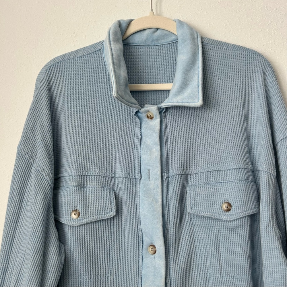 Sky Blue Waffle Knit Pocketed Button-Up Shacket - Picture 15 of 16
